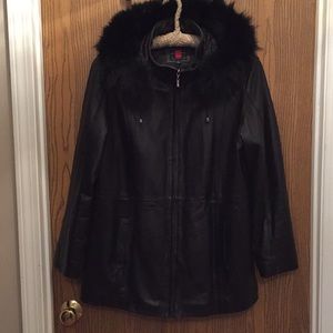 SOFT BLACK LEATHER WARM COAT REAL FOX FUR HOOD LG.